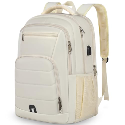RAINSMORE Laptop Backpack 17 Inch Large Travel Backpack for Women Waterproof Computer Backpack Work College Bookbag TSA Friendly with USB Port, Beige - color: Beige