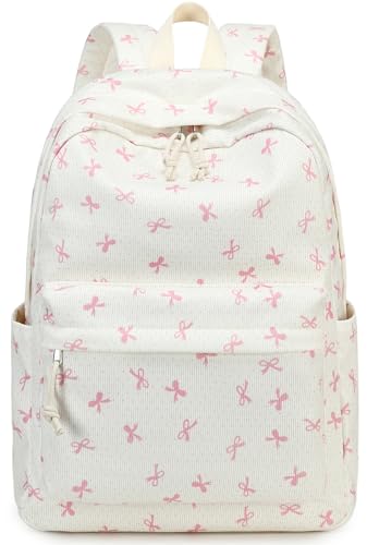 LEDAOU Backpack for Girls, 17" Kids Backpack for Girls Age 8-15, Corduroy Elementary Middle School Women Laptop Backpacks - color: Bow Print-pink