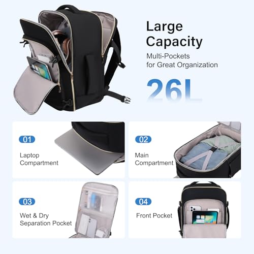 MOSISO Travel Backpack for Women Men, 15-15.6 inch Flight Approved Carry on Backpack with Side Handle & Luggage Strap, 16 inch Personal Item Travel Bag for Weekender College Work Business, Black