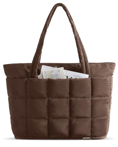 BAGSMART Expandable Tote Bag for Women, Puffer Work Tote Handbag, Quilted Carry On Bag for Travel Gym - color: Chocolate, size: Large