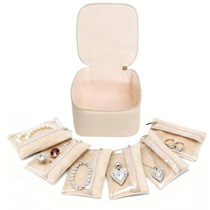 Travel Jewelry Case Small Jewelry Box Organizer with 6 Velvet Jewelry Zipper Pockets Bag Portable Travel Jewelry Storage Birthday Gifts for Women Rings Earrings Necklaces
