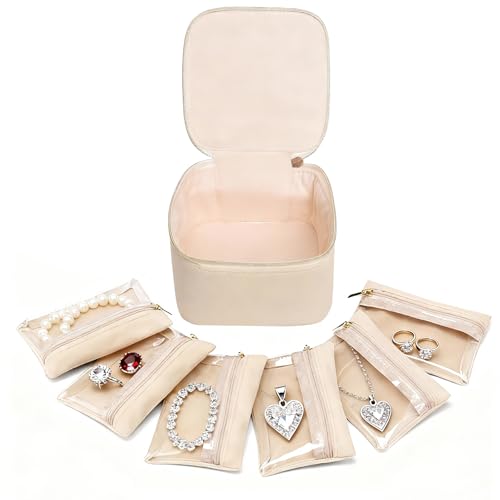 Travel Jewelry Case Small Jewelry Box Organizer with 6 Velvet Jewelry Zipper Pockets Bag Portable Travel Jewelry Storage Birthday Gifts for Women Rings Earrings Necklaces