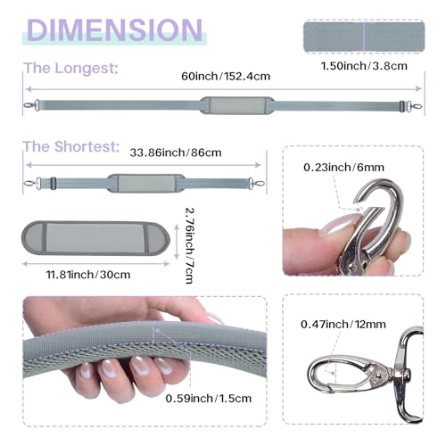 60 Inch Shoulder Strap with Removable Ultra-Thick Pad，Adjustable Buckles and Metal Hooks - color: Grey