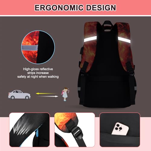 3PCS School Backpack for Boys, Cool Gamer Boys Backpack with Lunch Box and Pencil Case for Kids Kindergarten Teens Elementary Middle School Bag with Convenient Charging Port,Gaming Bookbag Waterproof - color: Red Flame