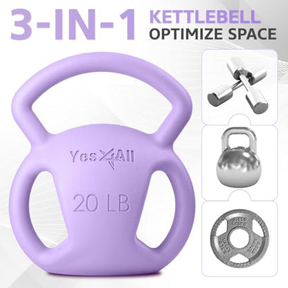 Yes4All Kettlebell, Strength Training Kettlebells for Women, Wide Multi-grip Textured Handle for Home Gym Exercises & Full Body Workout, Single 5–25 lb & Set of 10-15 lb - color: D. 20LB - Purple, style: A. Single