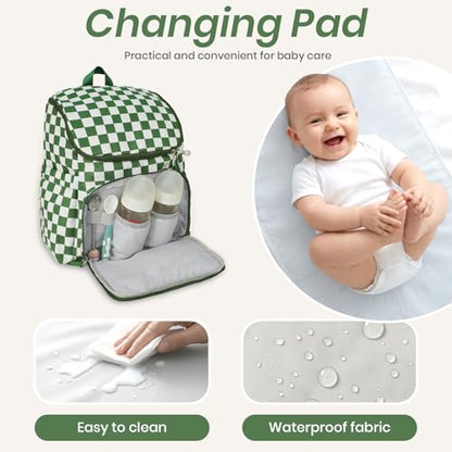 FHELAD Checkered Diaper Bag Backpack with Changing Pad & Stroller Clips, Large Travel Baby Diaper Bag for Newborn Moms, Baby Shower Gifts (Dark Green) - color: Dark Green