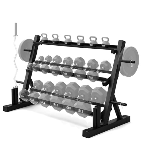 PENSUN Dumbbell Rack – 3 Tier Adjustable Weight Storage Stand with Side Barbell Plate Holder – Multi Purpose Home Gym Organizer for Dumbbells, Kettlebells, Barbell - color: Widened - 1500 LBS (Upgraded)