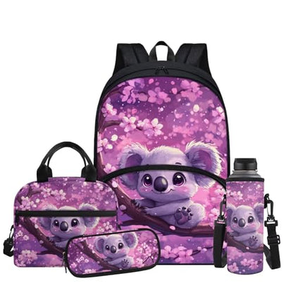 Cherry Blossom Koala Backpack for Girls Kids Backpack with Lunch Box Water Bottle Bag and Soft Pencil Pouch 4Pcs Set 17" Bookbag with Large Front Pocket for School Sturdy Elementary School Bag - color: Cherry Blossom Koala