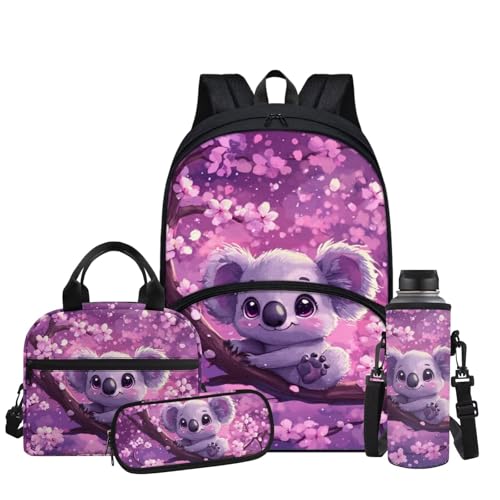 Cherry Blossom Koala Backpack for Girls Kids Backpack with Lunch Box Water Bottle Bag and Soft Pencil Pouch 4Pcs Set 17" Bookbag with Large Front Pocket for School Sturdy Elementary School Bag - color: Cherry Blossom Koala