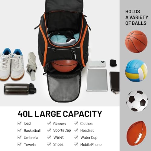 MIER Gym Backpack 40L Basketball Backpack with Ball Compartment & Shoes Storage Multi-Functional Sports Soccer Bag Large Equipment Back Pack Volleyball Backpacks for Men Women - color: Black