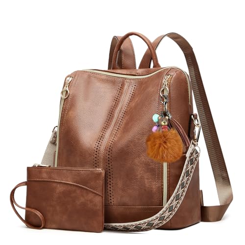 Makes Backpack Purse for Women PU Leather Travel Satchel Handbag Convertible Design Bag with Purse - color: Brown Quadruple Zipper
