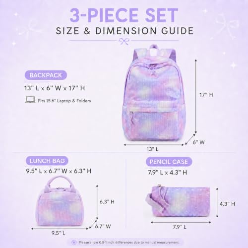 BTOOP School Backpacks for Teen Girls Bookbags Lightweight Kids Backpack School Bags Set with Lunch Box Pencil Case - color: Purple Bow