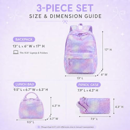 BTOOP School Backpacks for Teen Girls Bookbags Lightweight Kids Backpack School Bags Set with Lunch Box Pencil Case - color: Purple Bow