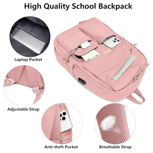 School Backpack College Bookbag for Teen — Student Aesthetic Bagpack for Girls 15.6 Inch Casual Daypack with USB Charger Women Laptop Backpacks Anti Theft Cute Fashion Book Bag Travel Back Pack Pink