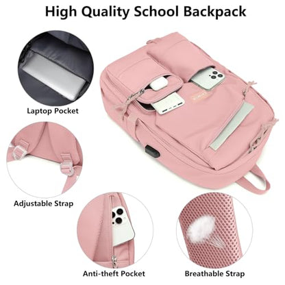 School Backpack College Bookbag for Teen — Student Aesthetic Bagpack for Girls 15.6 Inch Casual Daypack with USB Charger Women Laptop Backpacks Anti Theft Cute Fashion Book Bag Travel Back Pack Pink