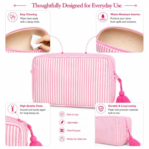 Huar Travel Makeup Bag - Large Capacity Cosmetic Bags for Women - color: Pink Stripe