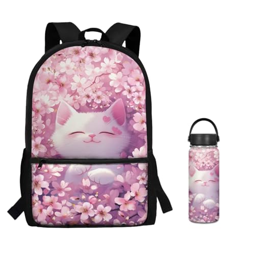 ZOUTAIRONG School Bags for Girls 7-10/10-12/12-17, Insulated Water Bottle for Hot & Cold Drinks, Cherry Blossom Cat Design Casual Backpack with Side Pockets - color: Cherry Blossom Cat