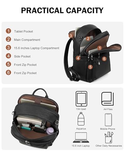 FADEON 15.6 inch Laptop Backpack Purse for Women Designer PU Leather Computer Backpacks Fashion for Work Travel Black - color: Black Retro Style