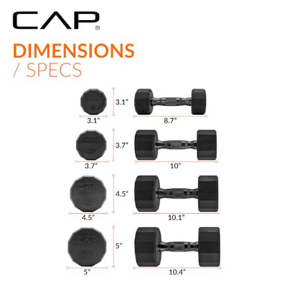 CAP Rubber Coated Hex Dumbbell Set with Storage Rack | 100–210 lb Options, Space-Saving Vertical Compact Storage for Home Gym Strength Training - size: 100 lb - Set, style: 12-Sided Black Handle