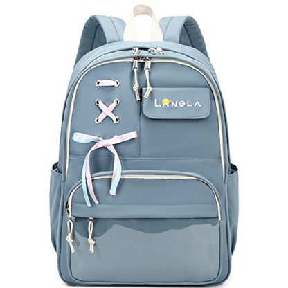 Lanola Teen Girl School Backpack Casual Daypack Bookbag Elementary College Travel Backpack with Cute Ribbon for Girls - color: Blue