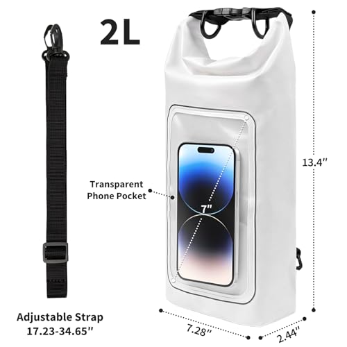 Waterproof Dry Bag 2L, IPX8 Roll Top Waterproof Belt Bag with Clear Phone Window, Phone Pouch Water Protector, Boat & Kayak Accessories, Essentials for Cruise Camp Swim Beach Fish Travel (White) - color: White dry bag 2L