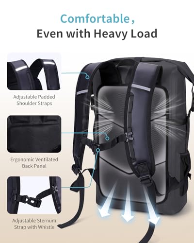 ECOHUB Waterproof Backpack for Women Men, 30L Roll-Top Closure Heavy Duty Dry Bag for Travel with IPX8 Waterproof Phone Case - color: Black