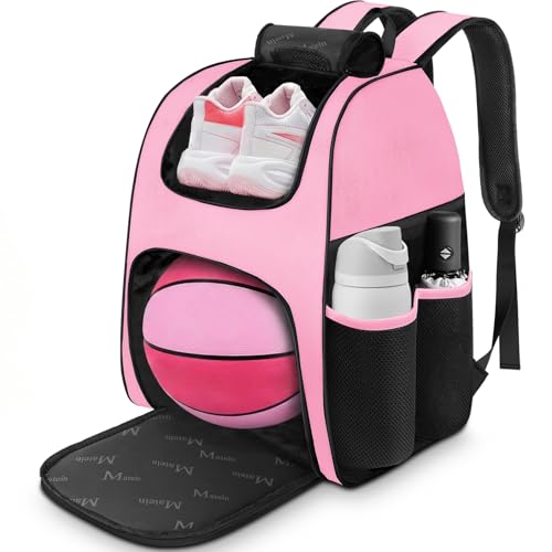 MATEIN Basketball Bag, Sturdy Soccer Bag with Ball Holder & Shoe Compartment, Large Basketball Backpack for Training Equipment, Water Resistant Sports Ball Backpack Fits Volleyball Football, Colorful - color: Black Pink - Large