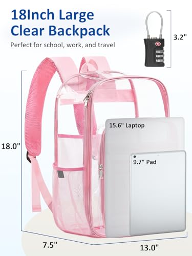 Extra Large Clear Backpack with TSA Lock, Heavy Duty Transparent See Through Clear Bookbag for College, Work, Travel, Casual Sport, Pink - color: Pink