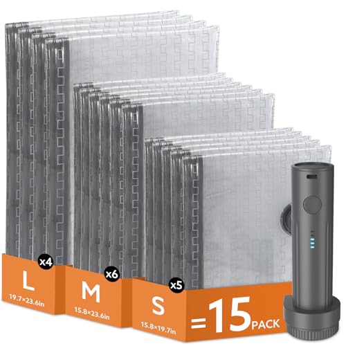 Travel Vacuum Bags with Wireless Charging Air Pump, 15 Pack Vacuum Seal Bags with 3 Sizes for Clothing Travel, Space Saver for Luggage, Business Trip, Home Storage - size: 15 Combo Pack