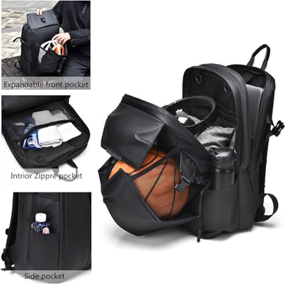 Unisex Business Laptop Backpack 17.3" With Helmet Holder High Capcity Travel Sports Backpack Waterproof Rucksack with Basketball Compartment for Men Women Teenager (Blue)