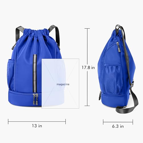 Sport Gym Bag Drawstring Backpack Beach Bag for Men Women with Shoe Compartment and Reflective Strips (Blue) - color: Blue
