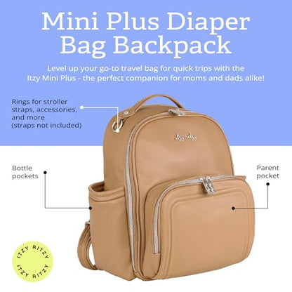 Itzy Ritzy Mini Diaper Bag Backpack – Chic, Compact Mini Plus Backpack with Changing Pad, 10 Pockets (6 Internal, 4 External), Grab-Top Handle & Rubber Feet (Chai) - color: Chai - Plus