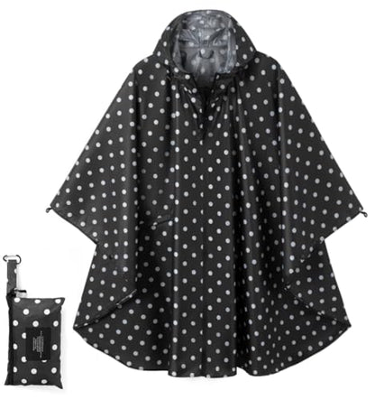 Fashion Hooded Rain Poncho Waterproof Raincoat Jacket with pocket for Women/Men/Adult - color: Black Dot