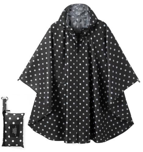 Fashion Hooded Rain Poncho Waterproof Raincoat Jacket with pocket for Women/Men/Adult - color: Black Dot