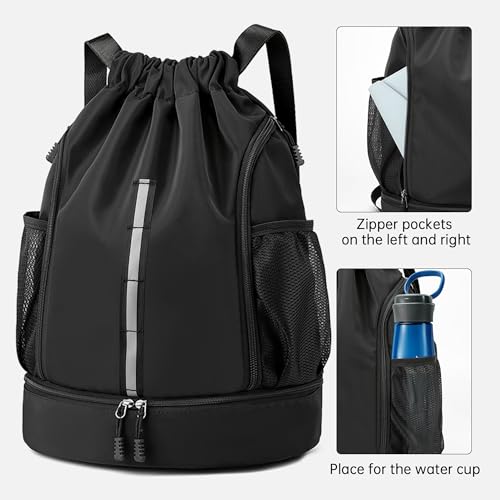 Sport Gym Bag Drawstring Backpack Beach Bag for Men Women with Shoe Compartment and Reflective Strips (Black) - color: Black