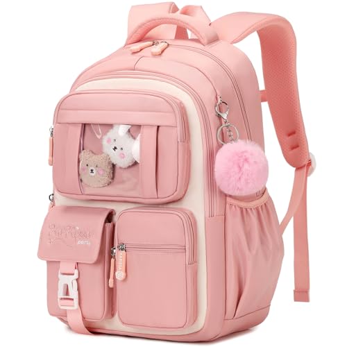 PIG PIG GIRL Kids Backpack for Girls School Bags for Middle School Students Book Bag for Elementary Primary Kawaii Ita Backpack, Pink and Beige - color: Pink and Beige