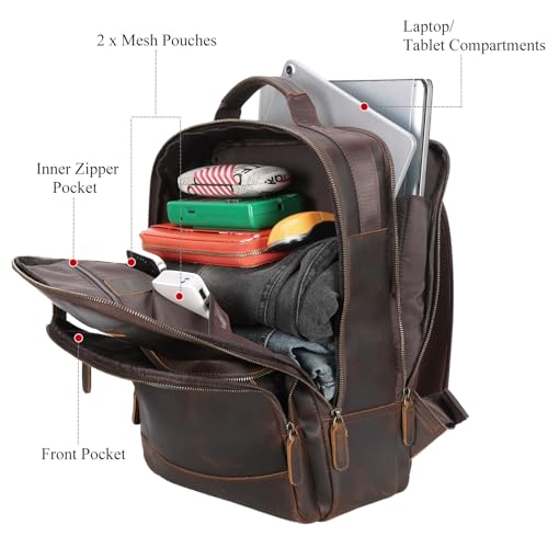 TIDING Full Grain Leather Laptop Backpack for Men, Vintage 15.6 Inch Computer Work Bag College Business Casual Daypack