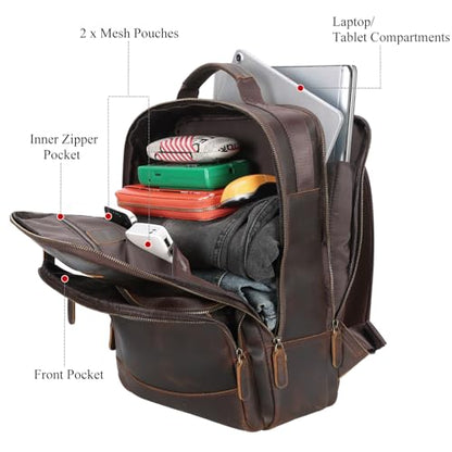 TIDING Full Grain Leather Laptop Backpack for Men, Vintage 15.6 Inch Computer Work Bag College Business Casual Daypack
