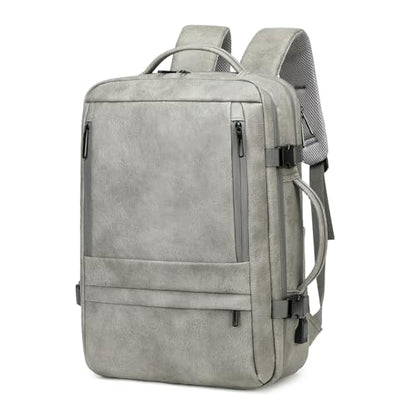 40L Travel Backpack for Men, PU Leather Carry On Backpack Flight Approved with Laptop Sleeve, Expandable Travel Bags for College Travel (Grey) - color: Grey