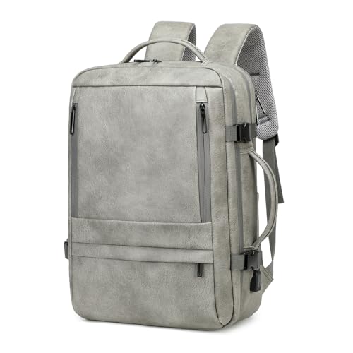 40L Travel Backpack for Men, PU Leather Carry On Backpack Flight Approved with Laptop Sleeve, Expandable Travel Bags for College Travel (Grey) - color: Grey