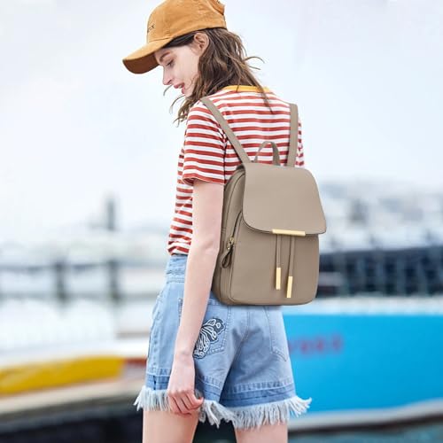 KKXIU Women’s Stylish Leather Backpack Purse – Lightweight Travel Backpack with Multiple Pockets, Lychee Grain PU Leather, Gold Hardware (A-Khaki, 10x12x4.5 Inches) - color: A-khaki, style: Backpack