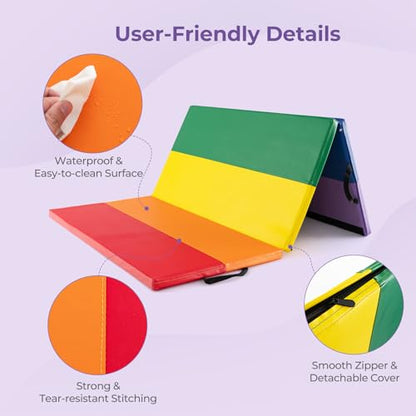 GYMAX Gymnastics Tumbling Mat, 6FT x 4FT Folding Thick Exercise Mat with Carrying Handles, Hook & Loop Fasteners, PU Leather Cover for Yoga, Stretching, Martial Arts