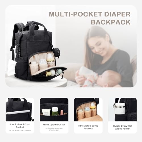 VONAL Diaper Bag Backpack, Lightweight Baby Diaper Bags, Travel Large Diaper Bag with Changing Station, Black Diaper Backpack for Boys Girls Newborn with Insulated Pockets, Stroller Straps - color: Black