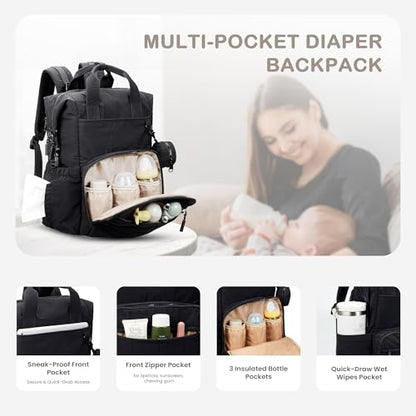 VONAL Diaper Bag Backpack, Lightweight Baby Diaper Bags, Travel Large Diaper Bag with Changing Station, Black Diaper Backpack for Boys Girls Newborn with Insulated Pockets, Stroller Straps - color: Black