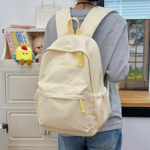 Cute Aesthetic Backpack Y2K Simple Heart Star Print Kawaii Backpacks Travel Laptop Rucksack Backpack for Women (Yellow) - color: Yellow