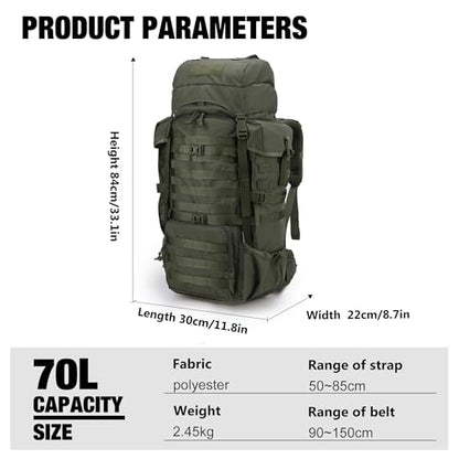 Mardingtop 70L Internal Frame Backpack for Hunting,Camping,Hiking Backpacking Backpack with Rain Cover - color: Ranger Green