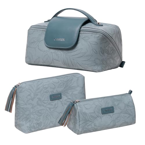Cabbrix Travel Makeup Bag, Extra Large Capacity 3 Pcs Set Cosmetic Bag for Women, Waterproof PU Leather, Flat Open Portable Toiletry Bag for Skincare, Brushes & Travel Essentials (Blue) - color: Blue