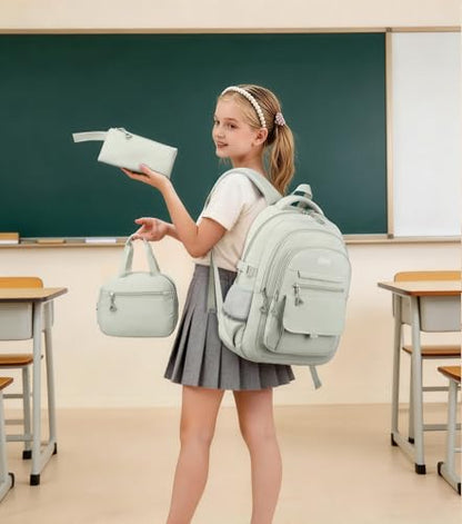 Girls School Backpack Set with Lunch Box, Teens Bookbag for Highschool Elementary Middle School Cute Back Pack, Green-3 packs - color: Green-3 Pcs, size: 15.6in