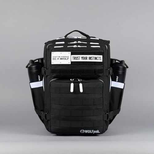 WOLFpak 35L Tactical Gym Backpack (Alpha Black White Accents) Durable 1000D Waterproof Oxford Material with MOLLE Webbing, Laptop Pocket & Dual Cup Holders, Durable Fitness/Travel/Military Daypack - color: Alpha Black White Accents