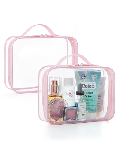 BAGSMART Clear Toiletry Bag, TSA Approved Travel Toiletry Bag Carry On Travel Accessories Bag Airport Airline Quart Size Bags water-resistant Makeup Bag for Women - color: Pink-with handle+180° open, size: 2 Pack, Medium